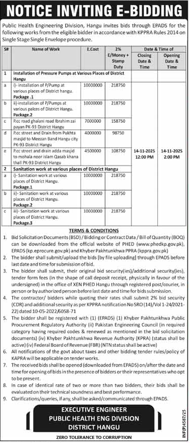 Public Health Engineering Division Hangu Tender Notice